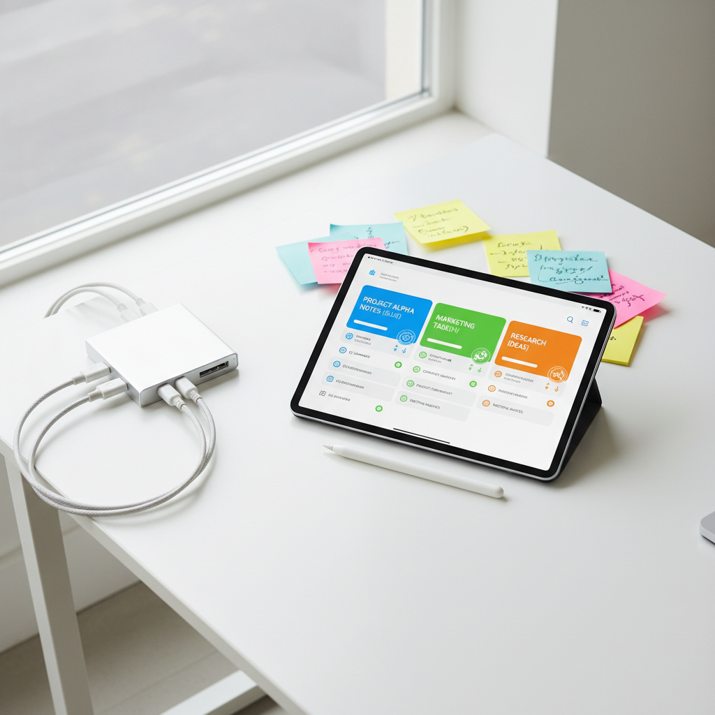A tablet on a polished white standing desk shows a stylized AI assistant interface automatically categorizing project notes and to-do lists into neatly color-coded blocks. Around it, there are scattered sticky notes, a slim wireless stylus, and a compact docking station connecting to an unseen laptop, suggesting an evolving digital workflow. Bright overcast light filters through a large nearby window, bouncing off the white desk surface and creating a clean, evenly lit environment with soft, almost shadowless contrast. Photographic realism, captured from directly overhead like a flat lay, with every object carefully framed for clarity. The atmosphere is organized yet flexible, conveying how AI tools help transform cluttered ideas into an efficient, structured productivity system.