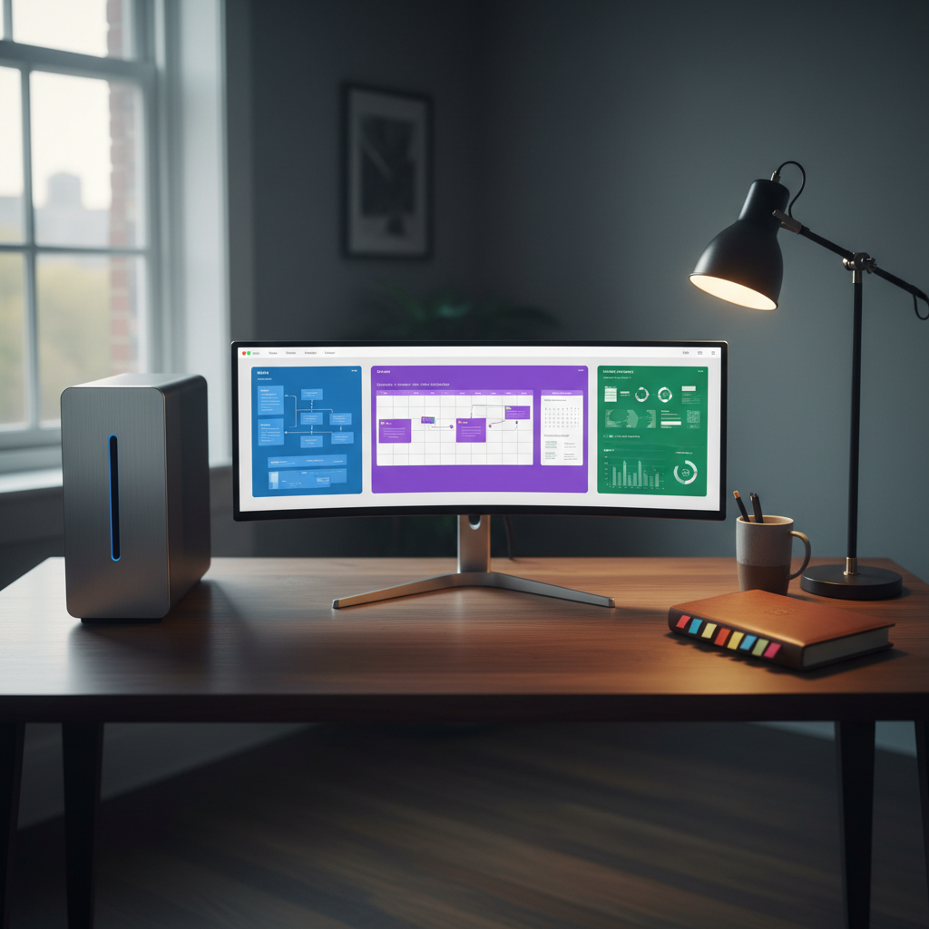 A large ultrawide monitor on a dark walnut desk displays multiple windows of AI tools assisting with email drafting, calendar optimization, and data summaries, each interface clean and modern without readable text. A slim, silver desktop computer tower, a minimalist desk lamp, and a closed notebook with color-coded tabs create a realistic knowledge worker setup. Cool, diffused afternoon light mixes with a single warm desk lamp, creating balanced illumination and soft, layered shadows. Photographic realism, shot at eye level with sharp focus across the scene and a rule-of-thirds composition. The mood is productive and methodical, capturing authentic, day-to-day use of AI to manage complex workloads rather than a staged tech fantasy.