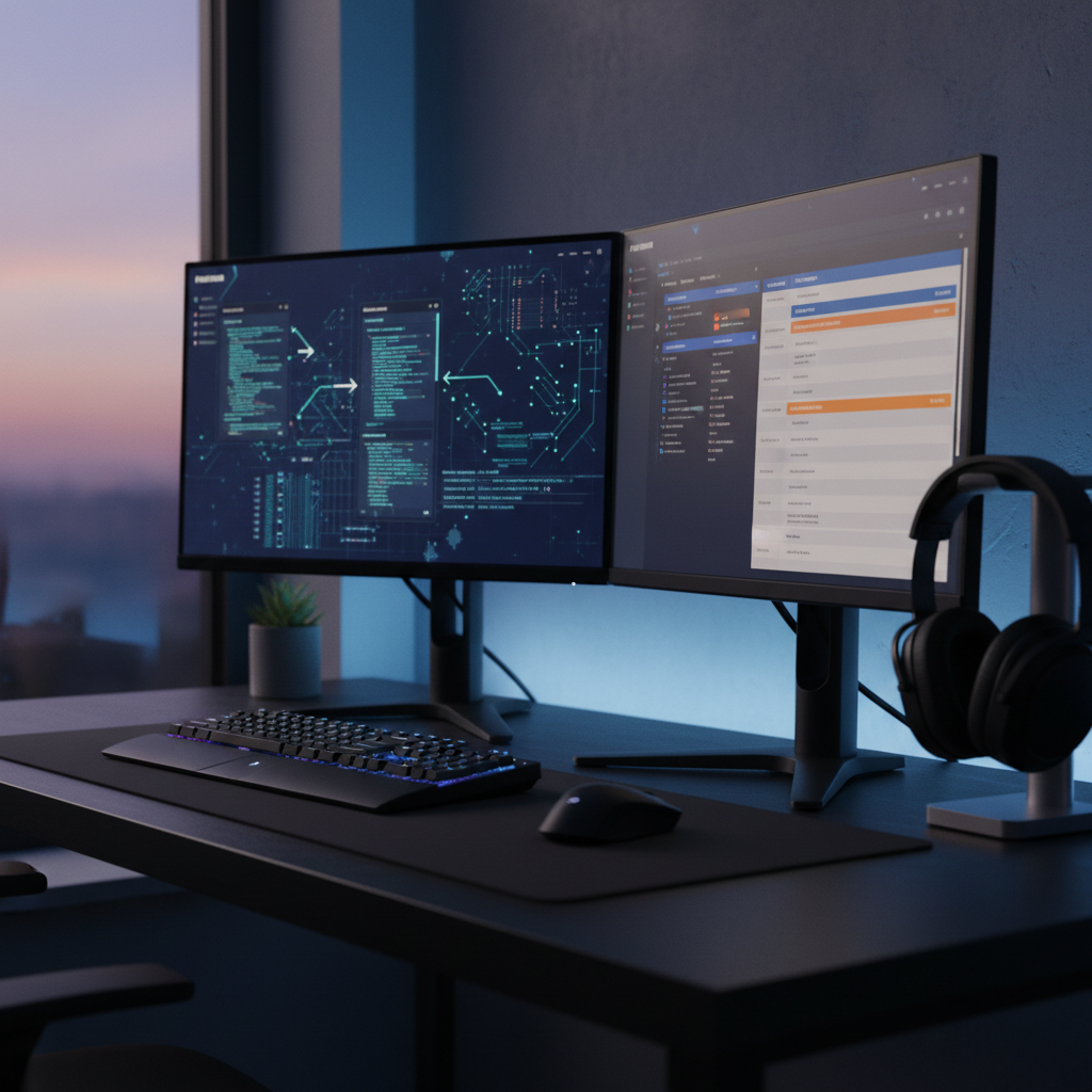A dual-monitor setup on a matte black desk shows an AI-powered code assistant on one screen suggesting improvements to complex lines of code, and a task board with prioritized development sprints on the other, all visually clear but without legible text. A mechanical keyboard with subtle RGB backlighting, a noise-canceling headset resting on a stand, and a small potted plant complete the engineering workstation. Soft, cool-toned LED strip lighting glows behind the monitors, contrasting with faint ambient evening light from a window, creating a focused, tech-forward ambiance. Photographic realism from a slightly low, three-quarter angle, emphasizing screens and tools. The mood is intense yet controlled, highlighting how AI boosts a developer’s productivity in a real, everyday environment.